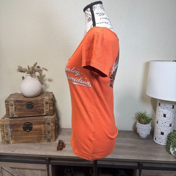 Harley Davidson Y2K Orange Henley Short Sleeve Tee Size S Embellished Biker - Picture 4 of 7